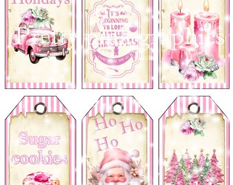 Shabby chic-pink Christmas tags- digital download and print-Ephemera-junk journal- ATC cards-scrap booking -collage sheet