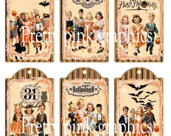 Halloween vintage tags- bag tags- digital download -vintage witches-and print-Ephemera-junk journal- ATC cards-scrap booking -collage sheet