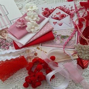 Valentine   -Embellishment kit- pack- laces-scrap booking-junk journal-tags  ribbons-cards- roses  fabric pack -Free shipping in Australia