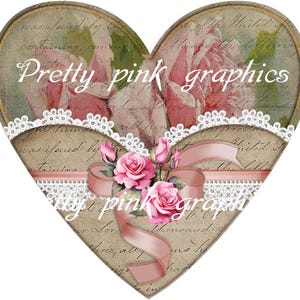 Heart pocket- shabby chic pink roses  valentine tags-junk journal-scrap booking- ephemera-fussy cuts-junk journal-ATC-vintage valentine