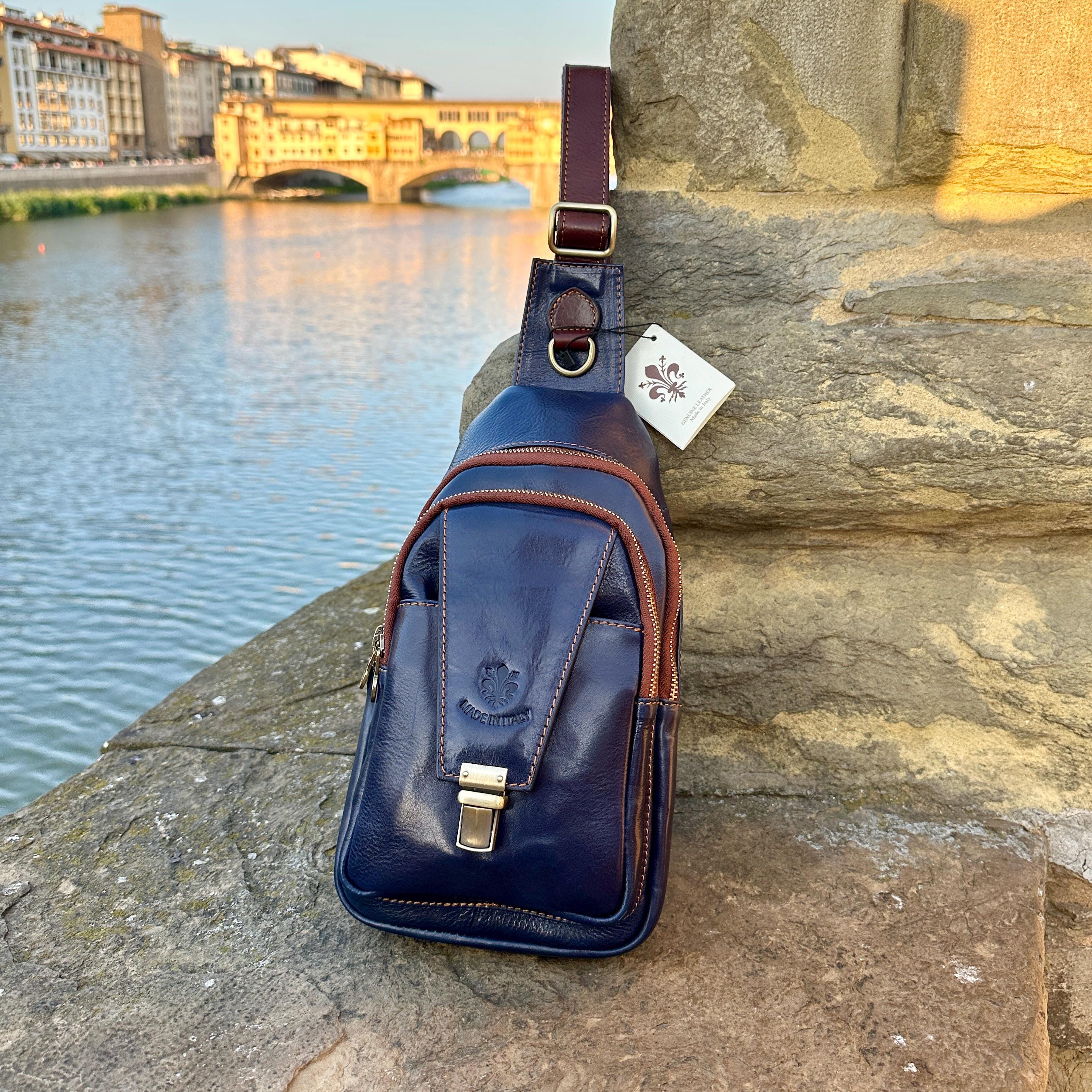Made in Italy - Light Blue and Black Sling Backpack Sling Backpack in Evoluzione Leather, Navy Blue main image 3