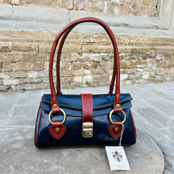 Blue Leather Shoulder Bag: Handmade Italian Vintage Handbag