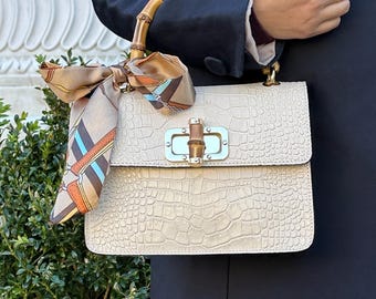 Italian Leather Crossbody Bag: Elegant Beige Handbag with Bamboo Handle