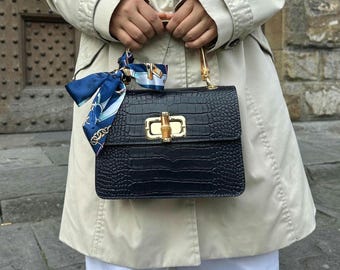 Italian Leather Handbag: Navy Crocodile Pattern, Bamboo Handle