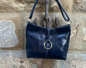 Blue Italian Leather Tote Bag, Handmade Everyday Working Bag