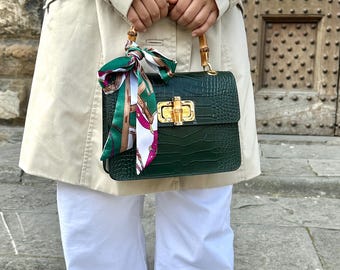 Italian Handmade Leather Bag for Women ,elegant Crocodile-embossed