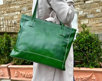 Handmade Italian Leather Tote Bag: Green Vegetable-Tanned Cowhide