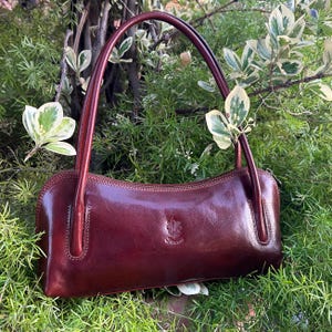May include: A burgundy leather handbag with a structured rectangular shape and two arched handles. The bag features a subtle embossed emblem and is set against a backdrop of green foliage.