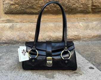 Black Leather Shoulder Bag: Handmade Italian Vintage Handbag