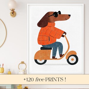 Kinderzimmer Minimalistischer Druck - Kinderzimmer Wandkunst - Babyzimmer - Dackel Hund auf Roller - Tierdruck - Spielzimmer Poster + 120 Gratis Prints