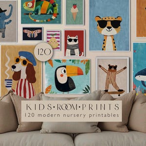 Nursery Prints - Kids Room Modern Wall Art - Children Room Minimalistic Prints - Baby Room Decor Posters with Animals - Bundle of 120 +