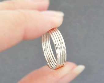 Thin Silver Ring Set of 5 Stacking Rings super thin 1 mm hammered sterling silver thumb rings midi rings