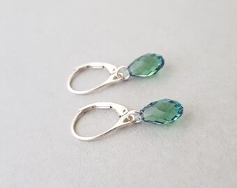 Green Crystal Earrings sterling silver lever back ear wires Swarovski Crystal Erinite