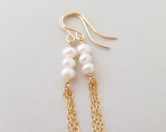 Dainty Pearl Chain Earrings gold jewelry gift for women minimalist earrings June Birthstone