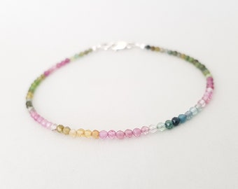 Ombre Tourmaline Bracelet sterling silver October birthstone gifts for girlfriend pink blue green Dainty Gemstone Bead gradient