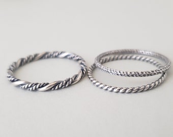 Silver Rings Set of 3 thin mixed Sterling Silver Stacking Rings black oxidized silver size 8.5 ready to ship