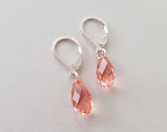 Rose Peach Crystal Earrings Sterling Silver Leverback Earwires Valentine's Day jewellery Swarovski Crystal drops birthday gift for women