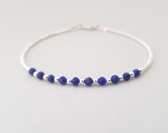 Lapis Lazuli Bracelet dainty jewelry gifts for daughter ultramarine blue gemstone beads silver bracelet crystal stacking bracelet