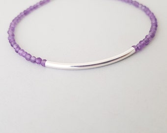 Dainty Amethyst Bar Bracelet delicate gemstone beads sterling silver curved tube minimalist bracelet best friend gifts for her