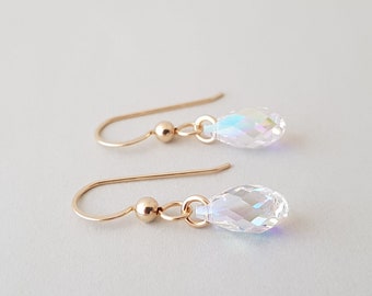 Gold Filled Earrings crystal clear AB droplets Dainty swarovski briolette minimalist earrings for bride bridal jewellery for wedding