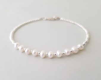 Pearl Bracelet 925 sterling silver, boho white wedding jewellery, freshwater pearls beaded bracelet, flower girl baby gift