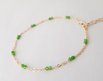 Dainty Gold Bracelet Chain Chrome Diopside natural green gemstone handmade jewelry gifts for best friend