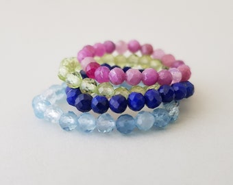 Gemstone Bead Ring stretchy elastic ring genuine  ruby ring, blue aquamarine, lapis lazuli, Peridot or Amazonite