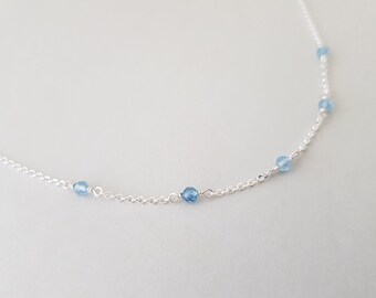 Aquamarine Necklace march birthday natural blue gemstones dainty sterling silver chain minimalist boho choker for daughter, best friend