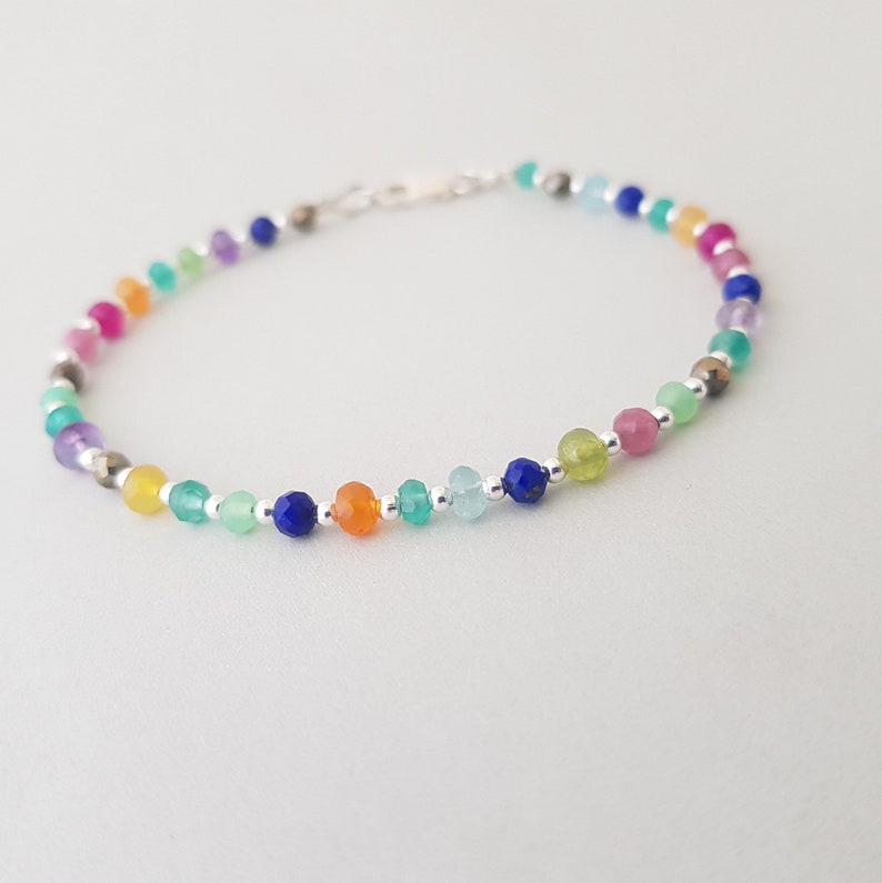 Rainbow Bracelet, natural gemstone bead mix, 925 sterling silver jewelry, dainty boho bracelet for women zdjęcie 3