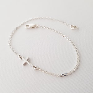 Dainty Silver Bracelet tiny sideways cross anklet chain sterling silver charm Catholic jewelry daughter gifts image 2