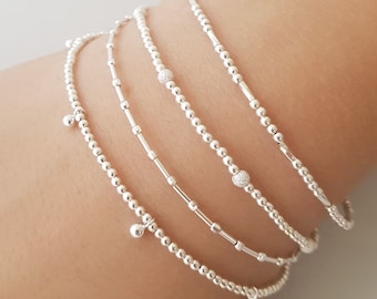 Sterling Silver Beaded Bracelet for women, Dainty Stackable Bracelets, best friend gift, minimalist layered jewelry for her