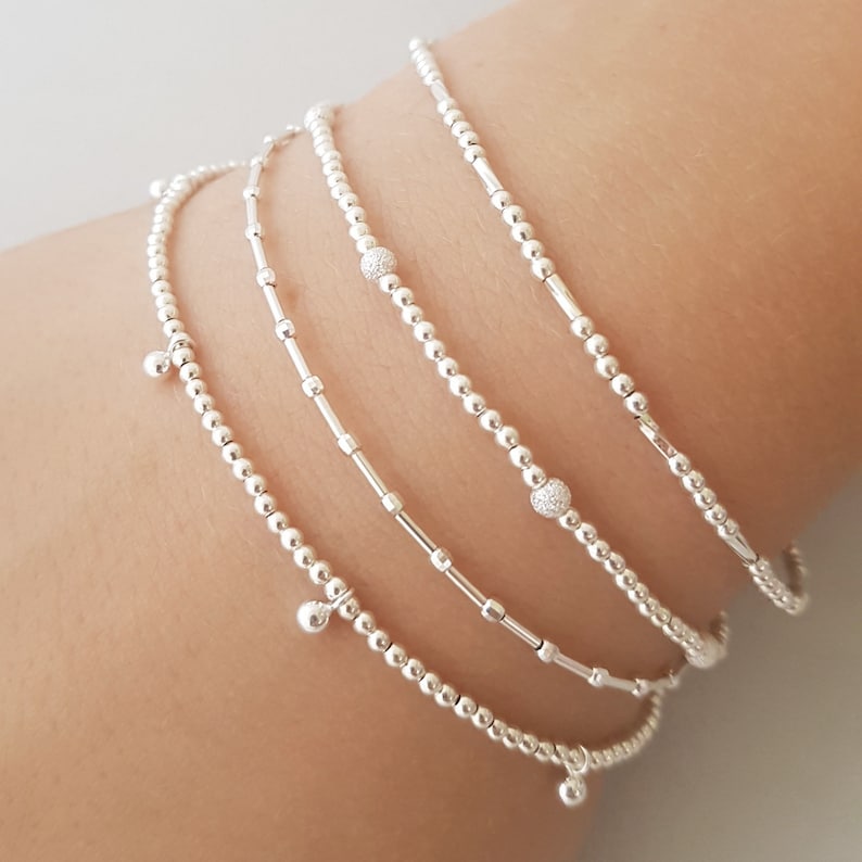 Sterling Silver Beaded Bracelet for women, Dainty Stackable Bracelets, best friend gift, minimalist layered jewelry for her image 1