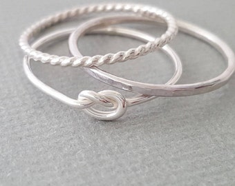 3 Sterling Silver Rings Thin Stacking Rings set of 3 love knot ring, twist ring and hammered ring