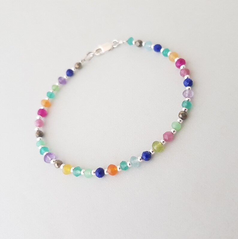 Rainbow Bracelet, natural gemstone bead mix, 925 sterling silver jewelry, dainty boho bracelet for women image 2