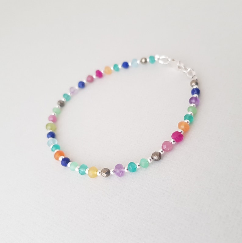 Rainbow Bracelet, natural gemstone bead mix, 925 sterling silver jewelry, dainty boho bracelet for women zdjęcie 4