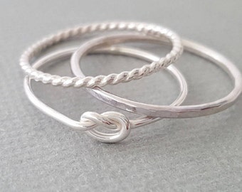 3 Silver Rings Thin Minimalist Boho Stacking Rings set of 3 love knot ring, twist ring and hammered ring Valentine's Day