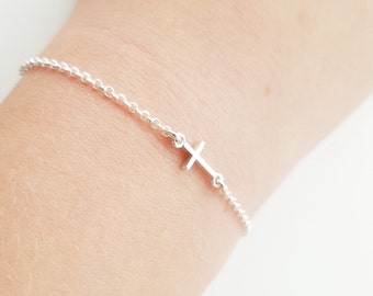 Dainty Silver Bracelet tiny sideways cross anklet chain sterling silver charm Catholic jewelry daughter gifts