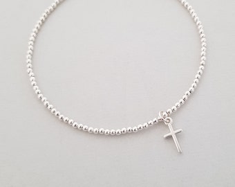 Mini Cross Charm Bracelet, sterling silver beaded stacking bracelet, daughter Easter Gifts, minimalist gift for her
