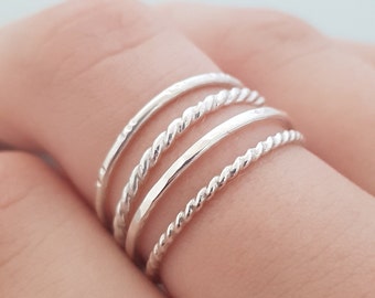 Silver Stack Rings set of 4 thin hammered ring twisted ring notched band handmade ring thin silver stackable rings