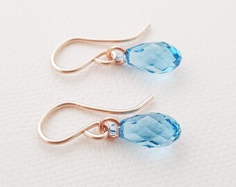 Rose Gold Earrings small 11 x 5.5 mm Aquamarine blue dangle Earrings march birthday birthstone swarovski crystal