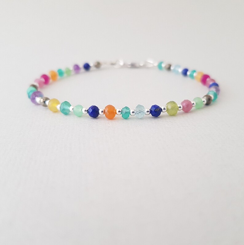 Rainbow Bracelet, natural gemstone bead mix, 925 sterling silver jewelry, dainty boho bracelet for women image 7