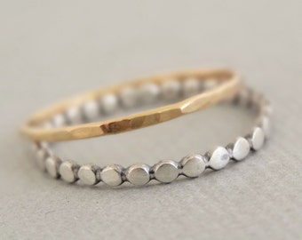 Mixed Metal Rings SUPER THIN hammered Gold and Oxidized Silver Rings set of 2 contrasting stackable thumb rings