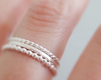 Sterling Silver Boho Stacking Ring set of 3 twist hammered bead