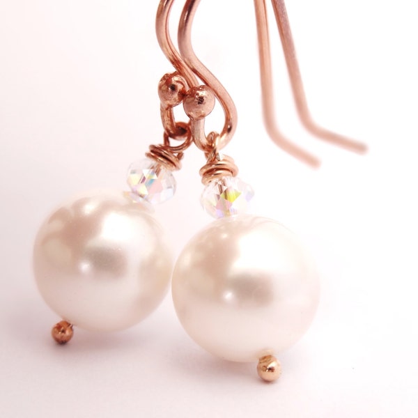 Pearl Earrings wedding earrings rose gold jewelry with clear Swarovski Crystals clear bridal jewellery