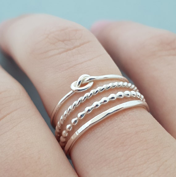Sterling Silver Stacking Rings set of 4 bead ring twisted ring love knot ring hammered band handmade ring thin silver stackable rings
