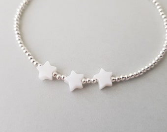 Star Bracelet white mother of pearl beads bracelet tiny sterling silver beaded bracelet dainty layered jewelry
