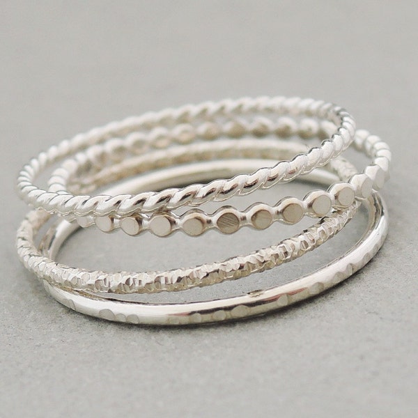 Sterling Silber Ringe Stapeln Ringe Set von 4 Perlen ring Twist Ring Diamant geschnitten handgefertigte Ring dünne Silber stapelbare Ringe Frühling Australien