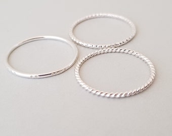 Dainty Silver Rings set of 3 twist, diamond cut, notched handmade jewellery for women