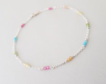 Dainty Anklet rainbow beads sterling silver chain minimalist ankle bracelet for sister, girlfriend, daughter, friend gifts