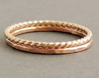 Rose Gold Ring and Gold Twist Ring dainty thin stackable ring set